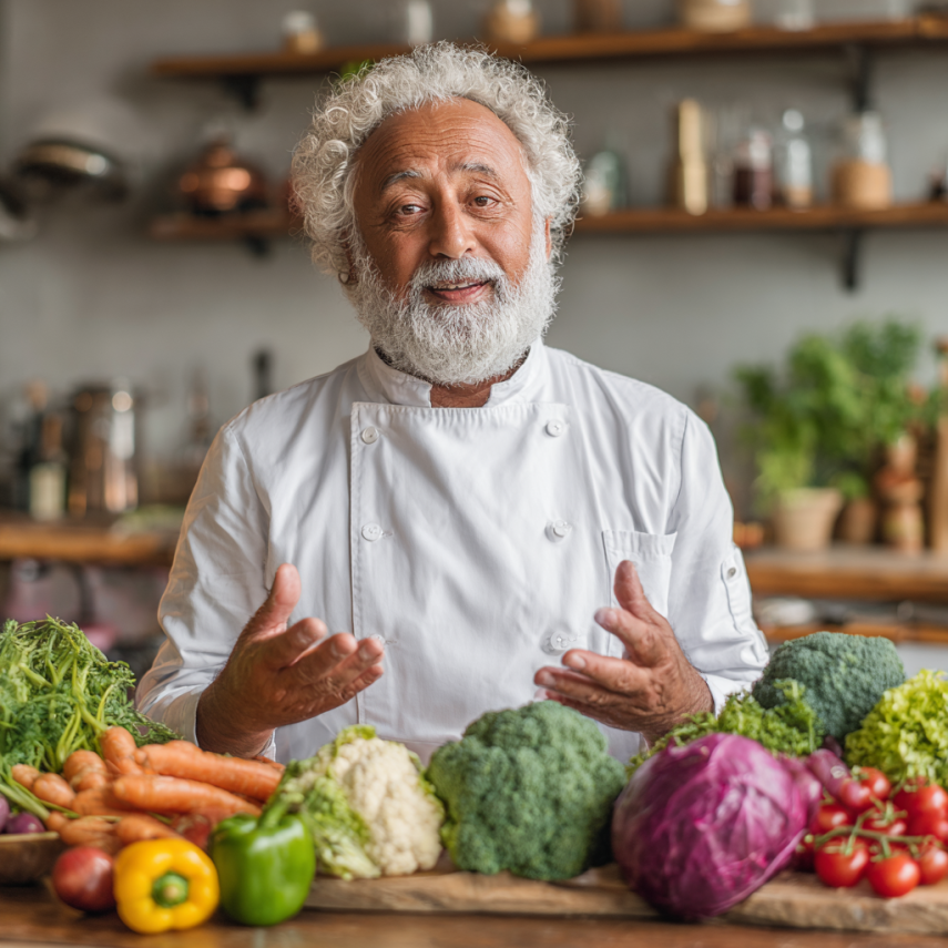 Adulto mayor preparando alimentos nutritivos