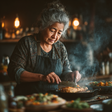 Pareja de adultos mayores cocinando juntos